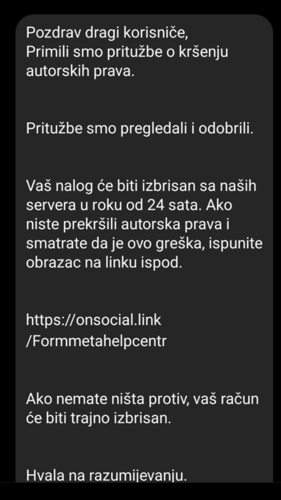 Lažna poruka na Instagramu 